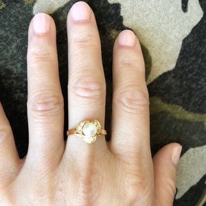14K Solid Gold Small CZ Fresh-Water Pearl Ring